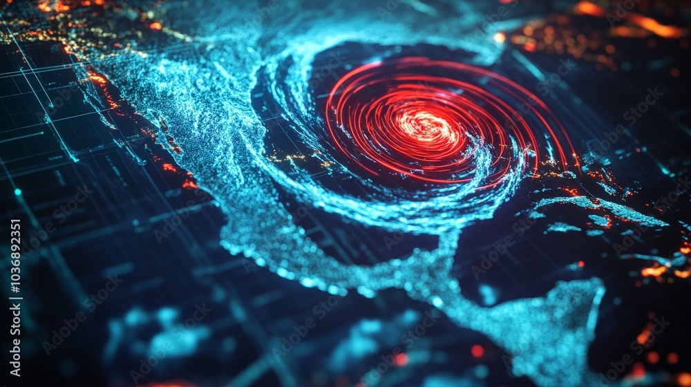 Fototapeta premium A laser-lit map of the Atlantic Ocean showing a category 5 hurricane spiraling toward landfall, with bright red laser beams highlighting