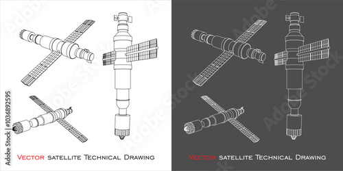 set space satellite vector from various positions. For Communication and Telecommunications. technical line drawing blueprint on transparent background