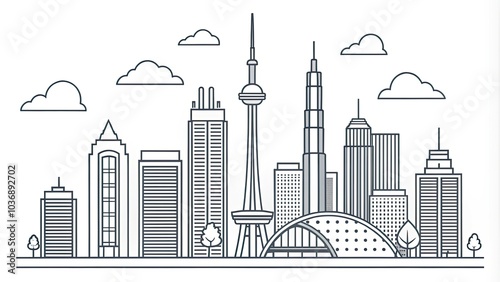 Minimalist Toronto Cityscape Illustration - Line Art Sketch of Iconic Landmarks and Skyline, Perfect for Wall Art, Decor, and Graphic Design Projects in Ontario, Canada