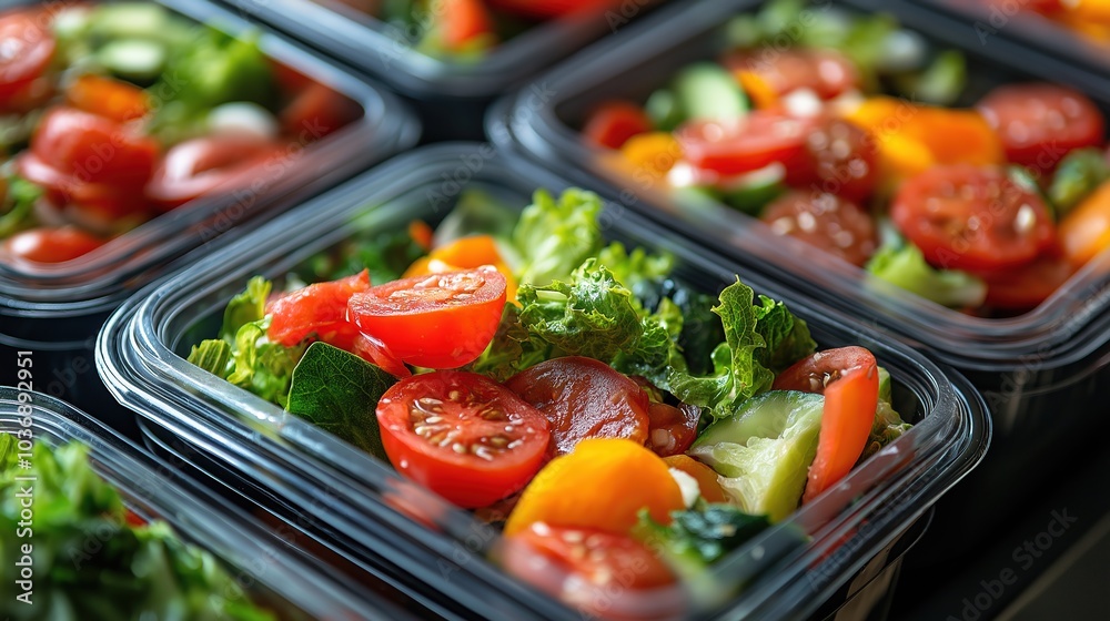 Top view of close-up of multiple healthy vegetable salad lunch boxes in plastic. A great choice for diet and take away food Top view of close-up of multiple healthy vegetable salad lunch boxes in plastic. A great choice for diet and take away food