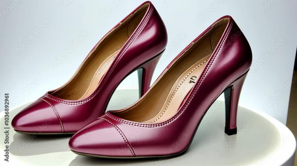 A pair of maroon high-heeled shoes are displayed on a white platform A pair of maroon high-heeled shoes are displayed on a white platform