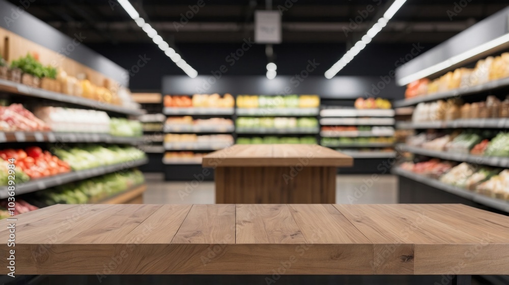 Wooden Tabletop in Modern Grocery Store Interior Featuring Colorful Fruit and Vegetable Shelves Wooden Tabletop in Modern Grocery Store Interior Featuring Colorful Fruit and Vegetable Shelves