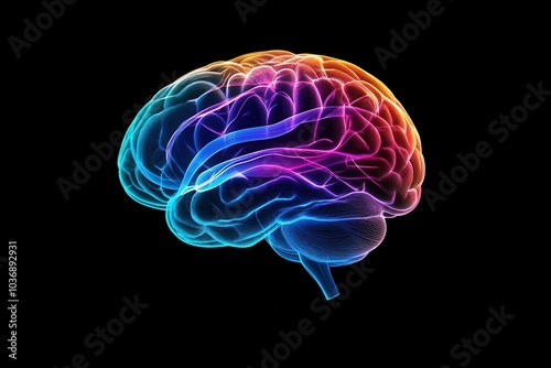 anatomical brain emitting waves of colored lines, front view