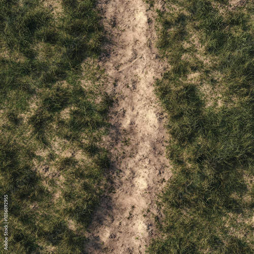 Top down high angle view long dirt path on dirt plain grass