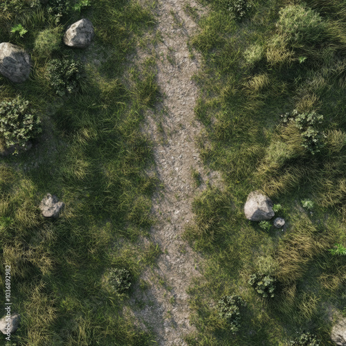 Top down high angle view long dirt path on dirt plain grass