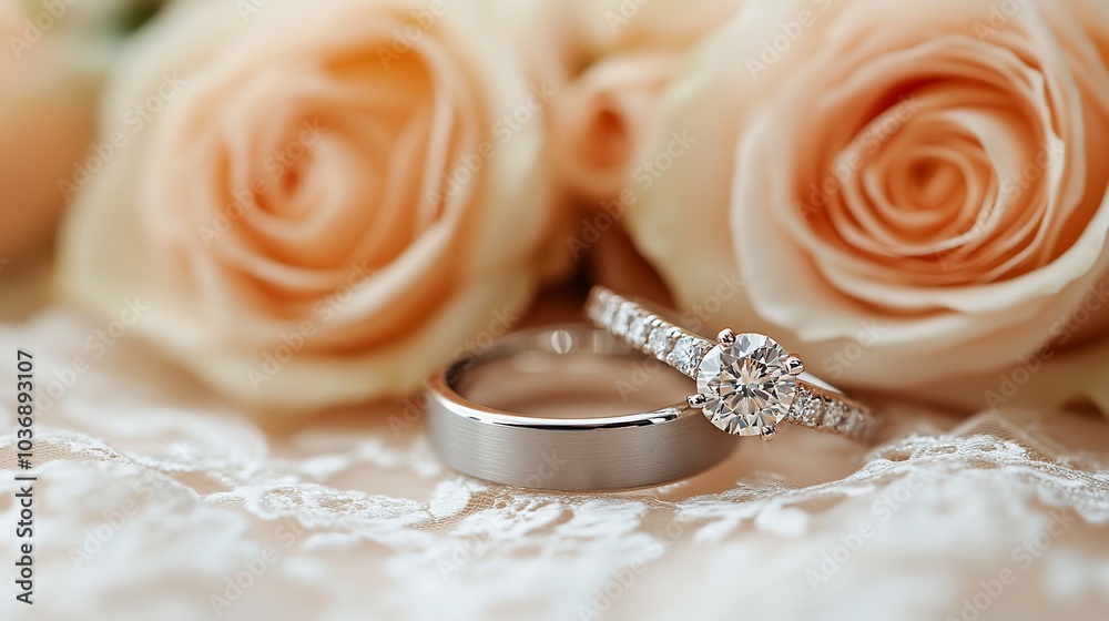 Wedding rings on a bed of soft peach roses. Wedding rings on a bed of soft peach roses.