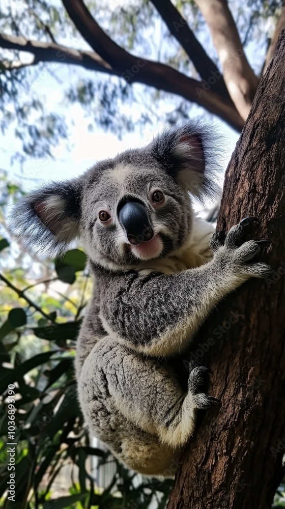 Naklejka premium A playful koala joyfully climbing a tree in its natural habitat under a bright blue sky