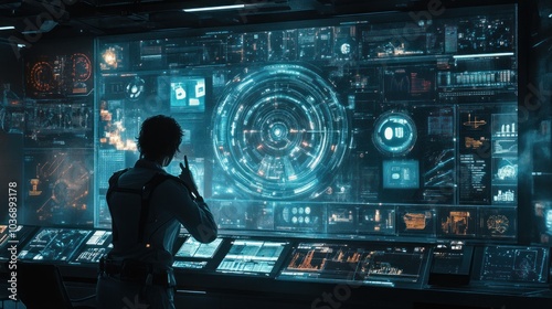 A person interacts with a futuristic control panel displaying various technological data.