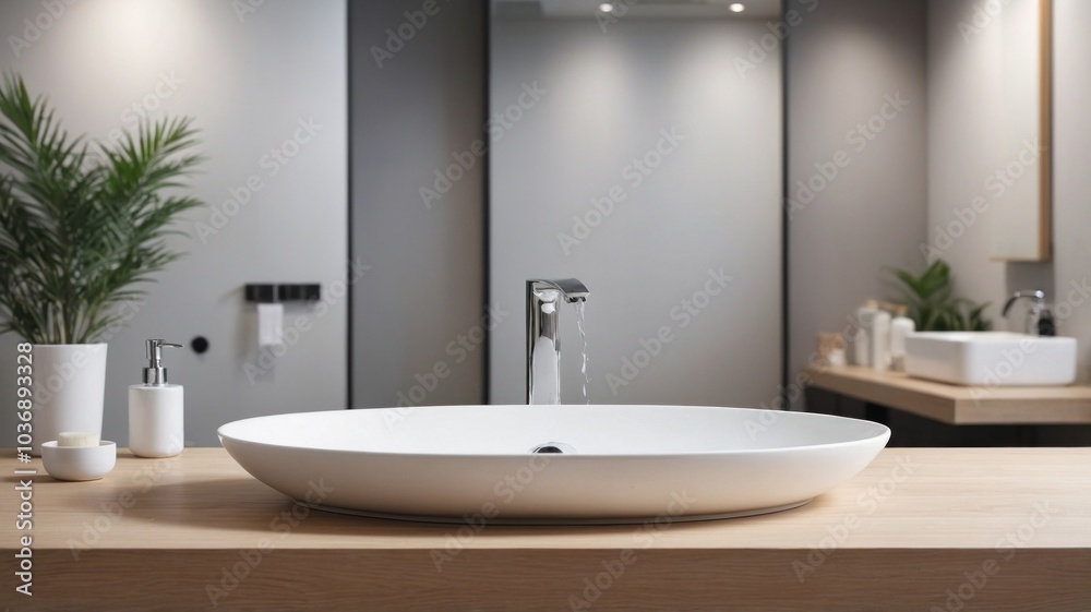 Modern Bathroom Interior Featuring Minimalist White Basin and Contemporary Decor Elements Modern Bathroom Interior Featuring Minimalist White Basin and Contemporary Decor Elements