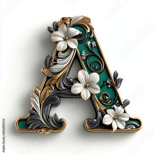 Elegant 3D Letter A with Floral and Gold Accents