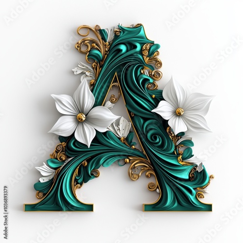 Elegant 3D Letter A with Floral and Gold Accents
