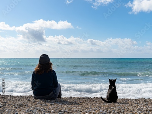 Woman and Cat Contemplating the Ocean photo