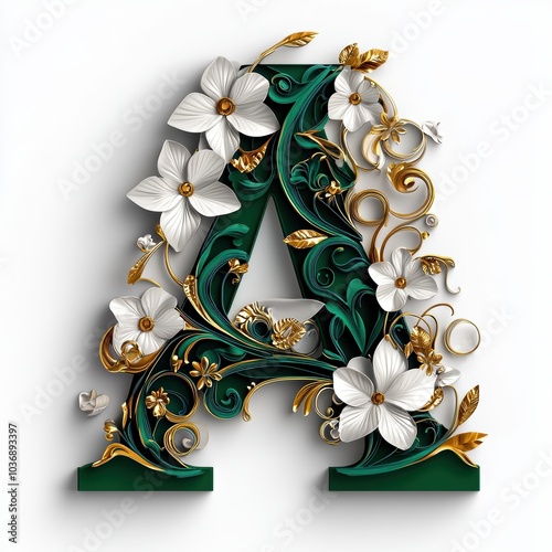 Elegant 3D Letter A with Floral and Gold Accents