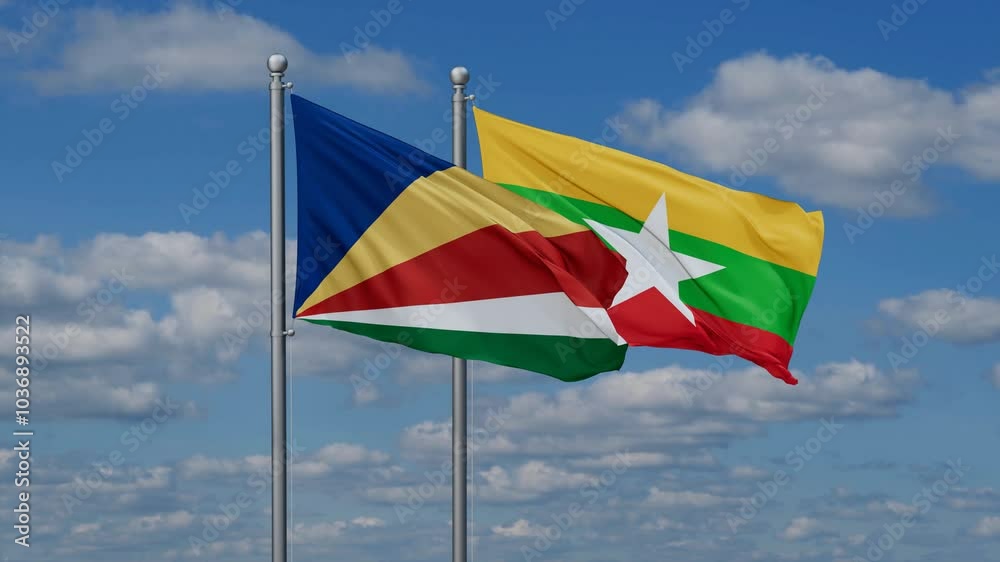 Myanmar aka Burma and Seychelles flags flying together, video concept of the relationship, two country relations concept Myanmar aka Burma and Seychelles flags flying together, video concept of the relationship, two country relations concept