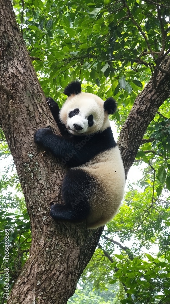 Obraz premium A playful panda cub climbing a tree in a lush green forest on a sunny day
