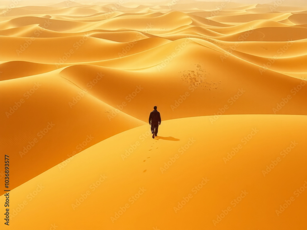 A man walks across a desert landscape. The scene is desolate and barren, with no other people or objects in sight. The man is alone, and the emptiness of the desert adds to the sense of isolation