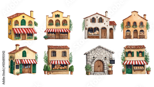 A set of charming, hand-drawn illustrations of rustic European-style each with unique architectural details