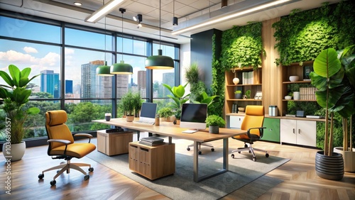 Modern Office Space with Ergonomic Furniture, Natural Light, and Minimalist Design for Productive Work Environment, Ideal for Business and Remote Work Settings