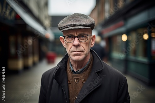 Portrait of a senior man wearing a cap and coat in the city.