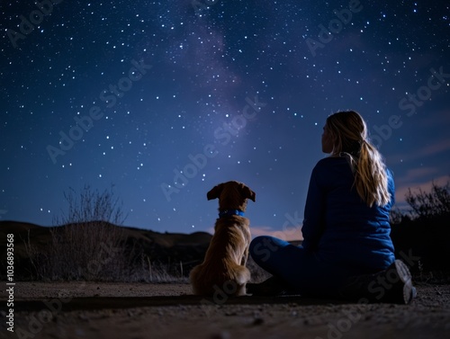 Woman and Dog Under the Milky Way