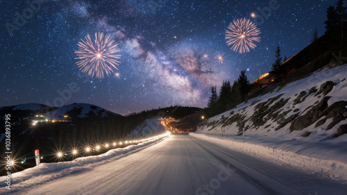 starry sky in winter snowy night. fantastic milky way in the New Year's Eve. Winter road in the mountains. fireworks and holiday lights on the background. Photo greeting card  photo