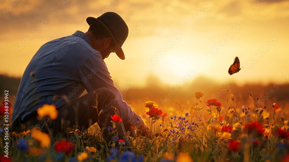 A serene evening in a colorful meadow capturing the beauty of nature and reflection at sunset A serene evening in a colorful meadow capturing the beauty of nature and reflection at sunset