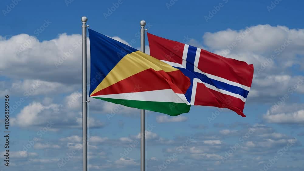 Norway and Seychelles flags flying together, video concept of the relationship, two country relations concept Norway and Seychelles flags flying together, video concept of the relationship, two country relations concept