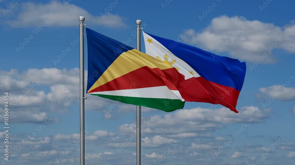 Philippines and Seychelles flags flying together, video concept of the relationship, two country cooperation concept Philippines and Seychelles flags flying together, video concept of the relationship, two country cooperation concept