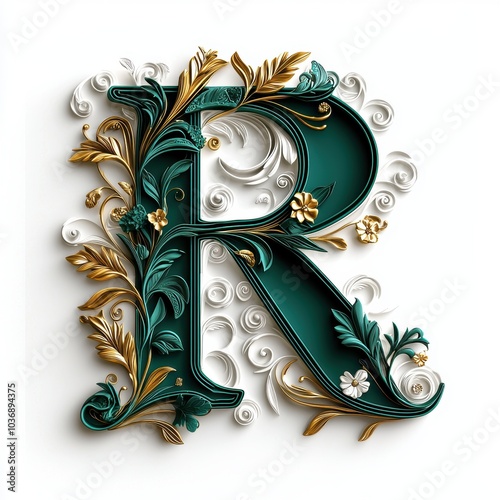 Elegant 3D Letter R with Gold and Emerald Accents