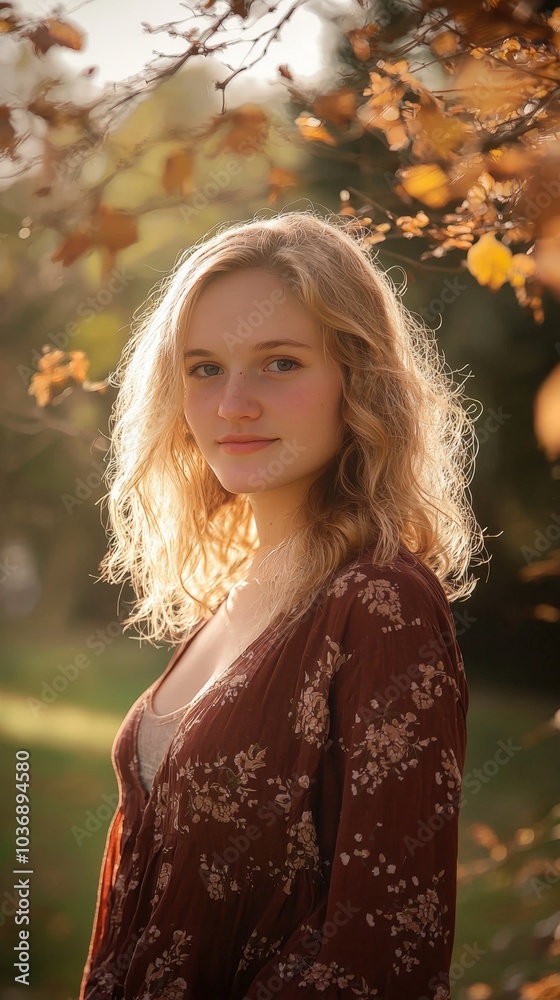 A serene autumn afternoon with a young woman in a floral dress surrounded by golden leaves A serene autumn afternoon with a young woman in a floral dress surrounded by golden leaves