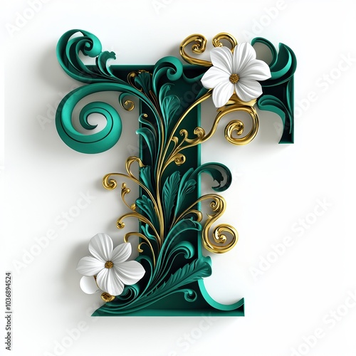 Elegant 3D Letter T with Gold and Emerald Accents