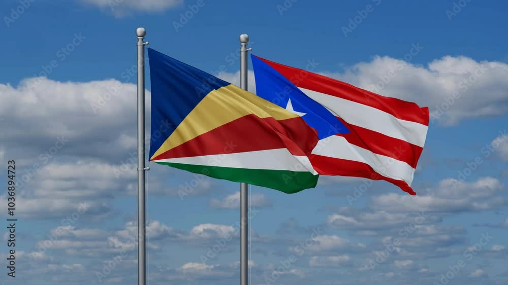 Puerto Rico and Seychelles flags flying together, video concept of the relationship, two country cooperation concept Puerto Rico and Seychelles flags flying together, video concept of the relationship, two country cooperation concept