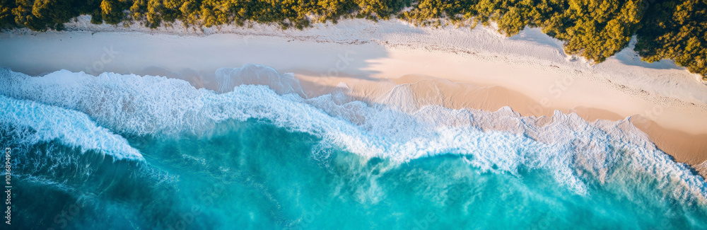 Fototapeta premium Aerial view of a white sandy beach and turquoise ocean waves, perfect for travel advertising. 