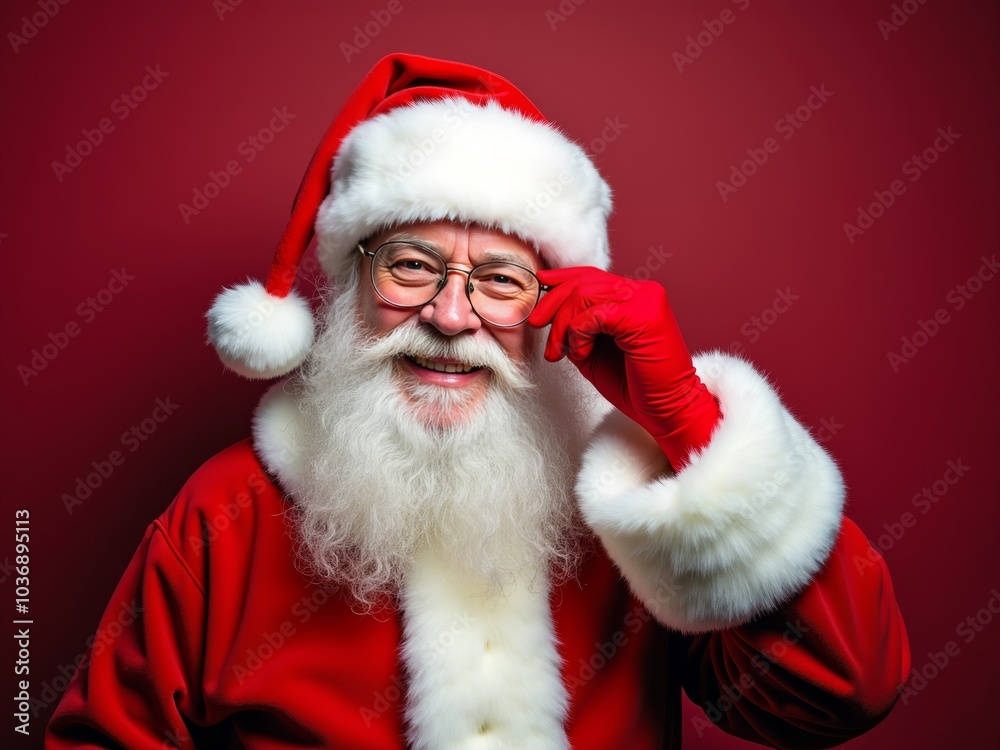 Smiling Santa Claus in a red suit and hat, posing cheerfully against a vibrant background during the festive season Smiling Santa Claus in a red suit and hat, posing cheerfully against a vibrant background during the festive season