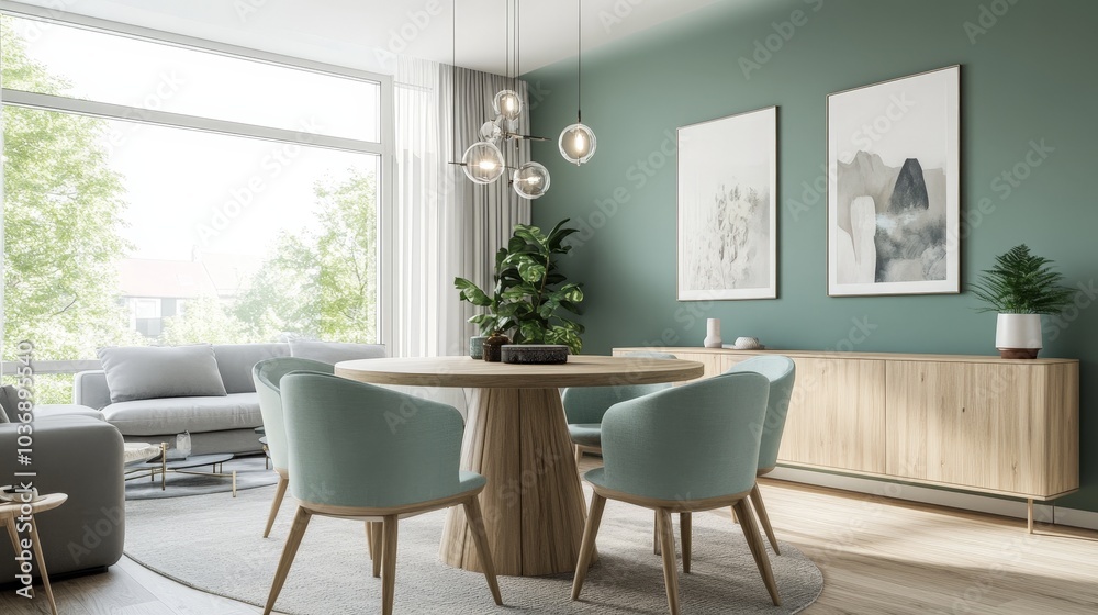 A modern dining room featuring mint-colored chairs around a round wooden table, set against a soft green accent wall, with a cozy grey sofa and a sleek wooden cabinet nearby. A modern dining room featuring mint-colored chairs around a round wooden table, set against a soft green accent wall, with a cozy grey sofa and a sleek wooden cabinet nearby.