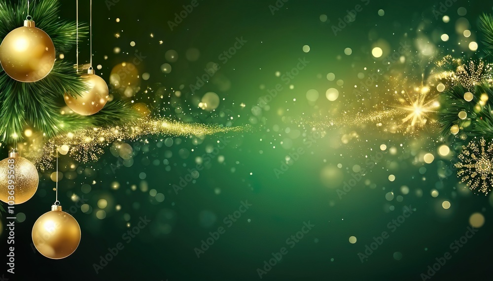 A green background with gold ornaments hanging from it. The background is decorated with gold ornaments and the image has a festive and celebratory mood.