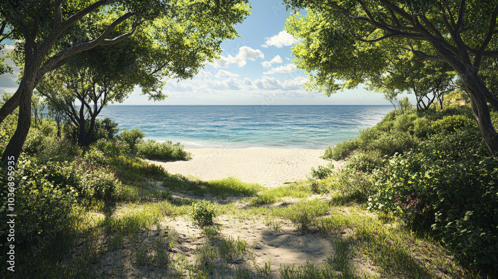 A view directly above some low trees and shrubs surrounding a beach and ocean bay A view directly above some low trees and shrubs surrounding a beach and ocean bay