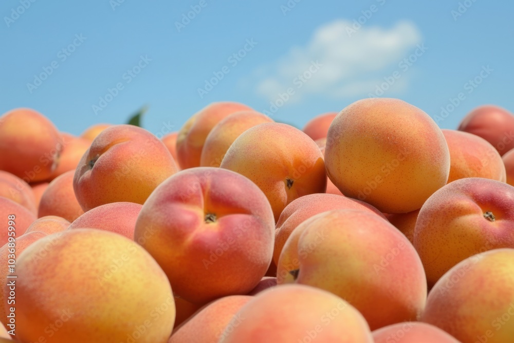 Lush peaches basking under the summer sun on a bright blue day Lush peaches basking under the summer sun on a bright blue day