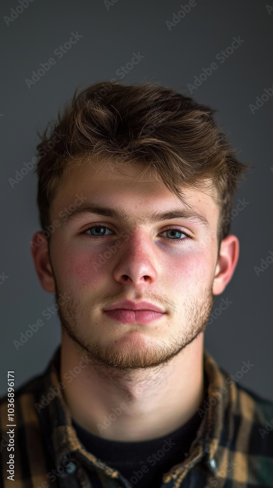 Fototapeta premium Young man with expressive gaze and tousled hair poses against a dark background