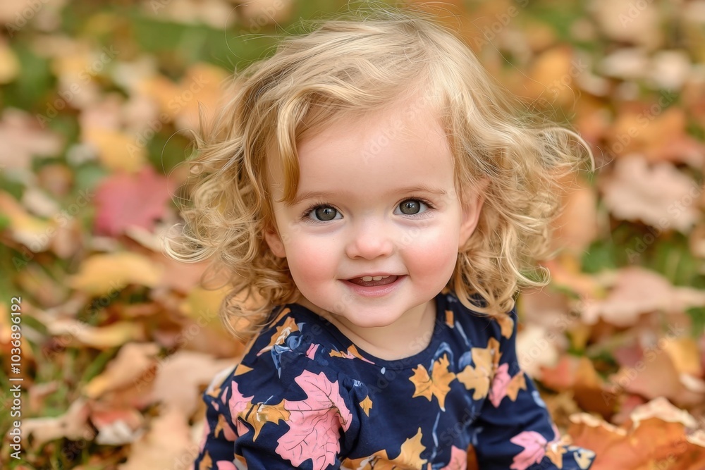 Joyful toddler playing in vibrant autumn leaves at a picturesque park on a sunny day Joyful toddler playing in vibrant autumn leaves at a picturesque park on a sunny day