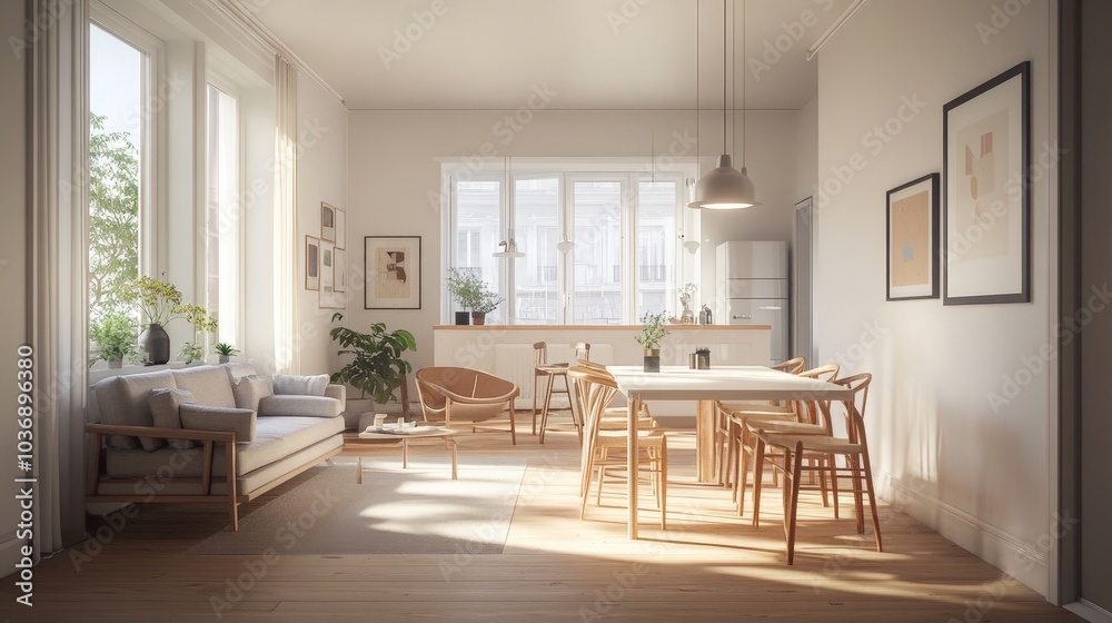 A modern Scandinavian living room with light wood flooring, a comfortable sofa, and a connected dining space with a white table and wooden chairs, accented by soft, natural lighting. A modern Scandinavian living room with light wood flooring, a comfortable sofa, and a connected dining space with a white table and wooden chairs, accented by soft, natural lighting.