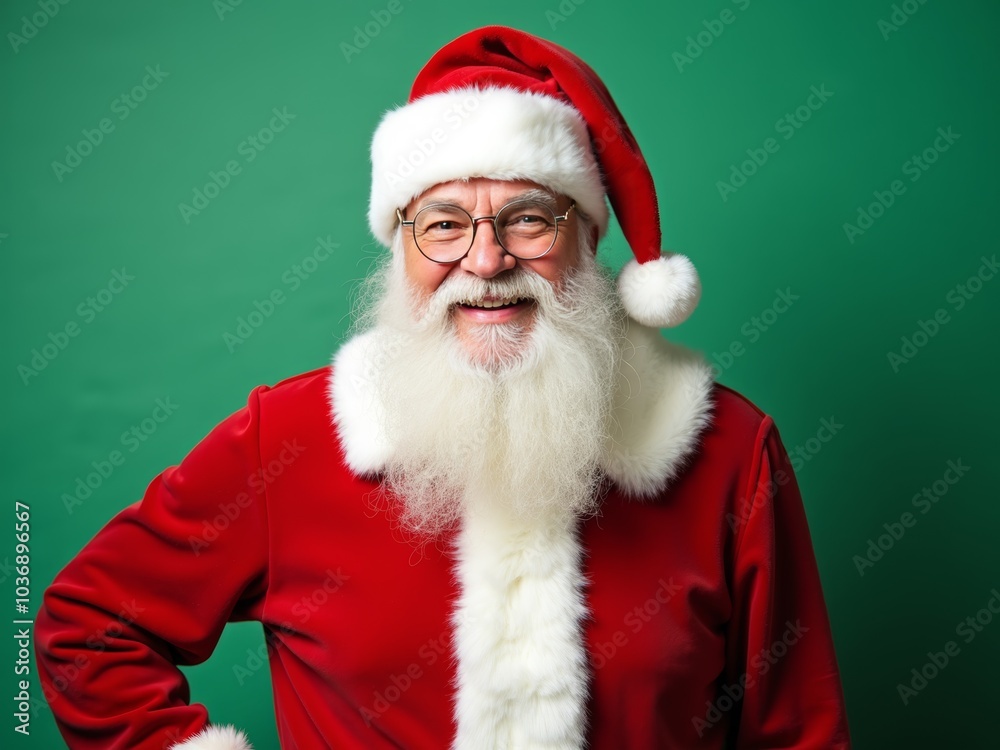 Naklejka premium Cheerful Santa Claus stands against a green background, spreading holiday joy with a warm smile in this festive seasonal portrait