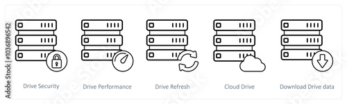 A set of 5 mix icons as drive security, drive performance, drive refresh