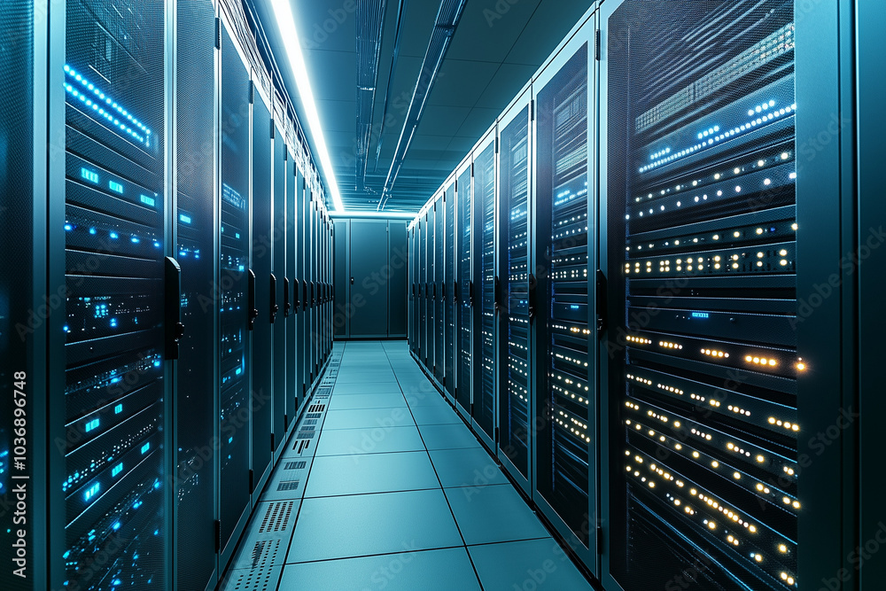 Illuminated data servers in a modern tech facility with glowing lights Illuminated data servers in a modern tech facility with glowing lights
