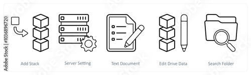 A set of 5 mix icons as add stack, server setting, text document