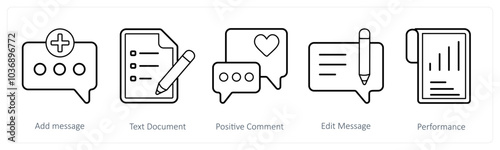 A set of 5 mix icons as add message, text document, positive comment