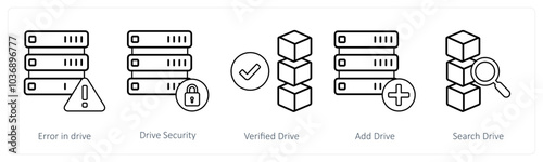 A set of 5 mix icons as error in drive, drive security, verified drive