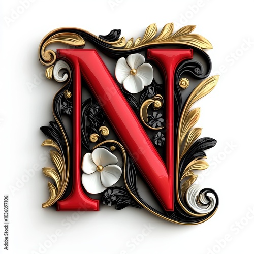 Elegant 3D Floral Letter N Design in Red and Gold