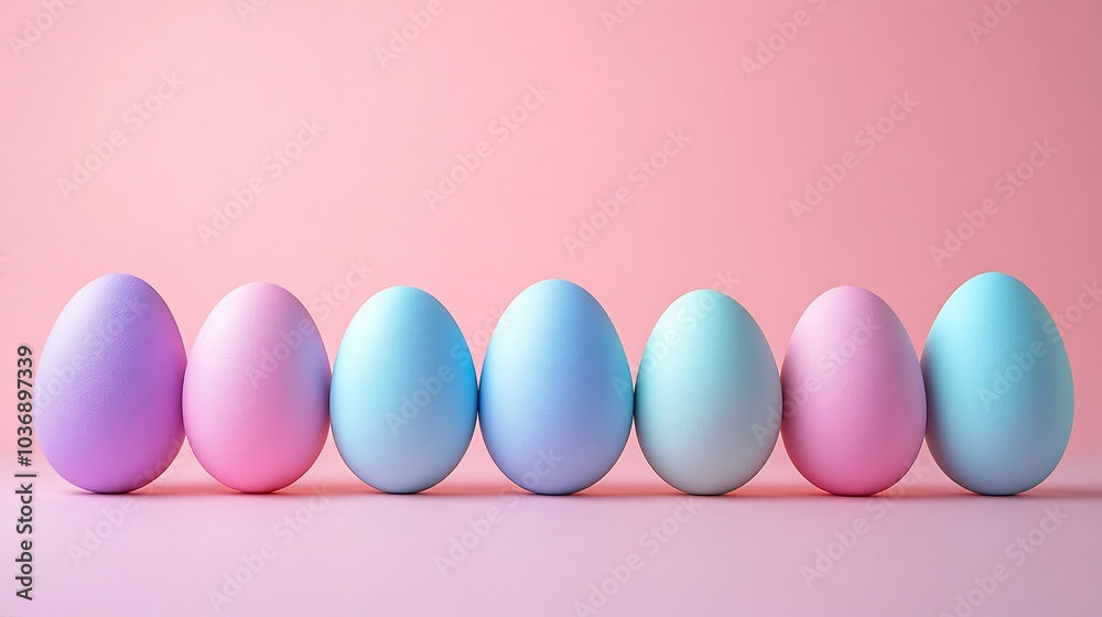 Minimal Easter decoration featuring set of monochromatic eggs arranged neatly on a plain pastel background The design is simple and elegant ideal for a modern Easter card or banner