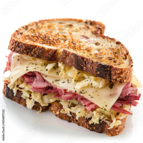 Cheesy corned beef sandwich with sauerkraut and mustard on a sourdough bread. photo